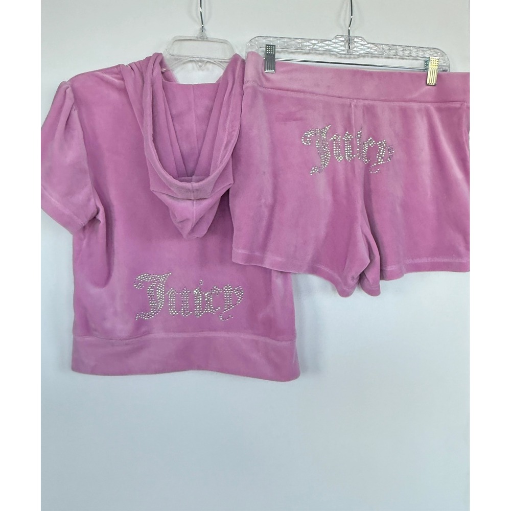 Juicy Couture Velour Tracksuit Set Pink Rhinestone Hoodie Shorts Womens M Y2K